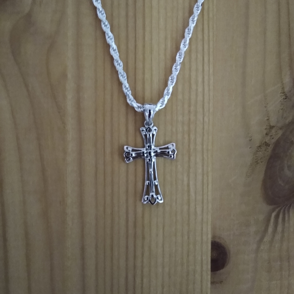 Italian 925 SS Rope Necklace and Cross.